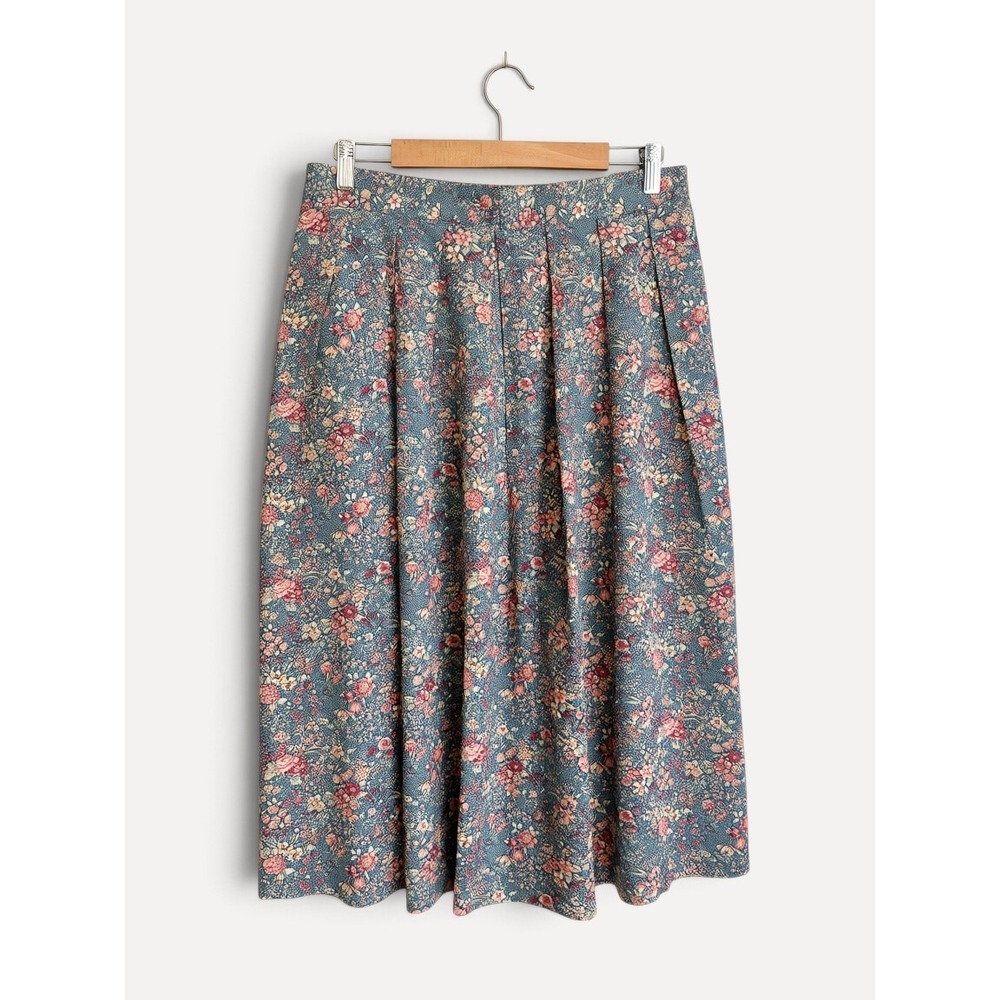 Appleseeds Skirt Floral Pleated Cottagecore 18 Blue Pink Midi Cotton Pockets